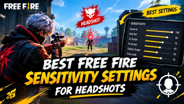 A screenshot displaying optimal sensitivity settings for achieving headshots in Free Fire gameplay.