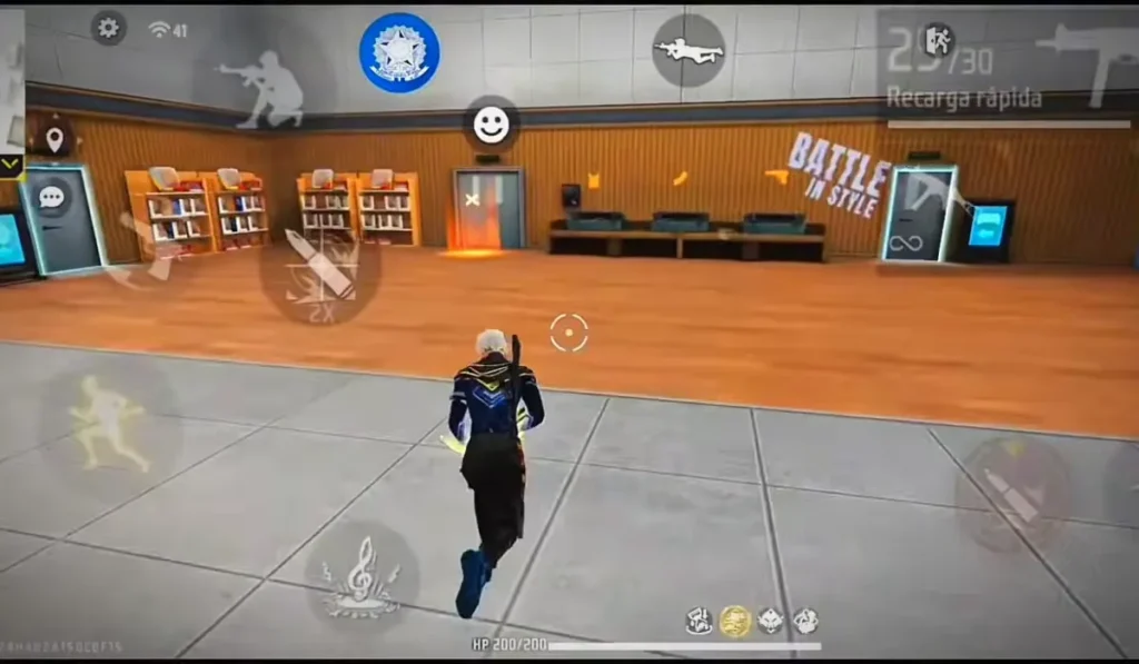 A man in a suit runs through a room, showcasing dynamic gameplay in Free Fire.