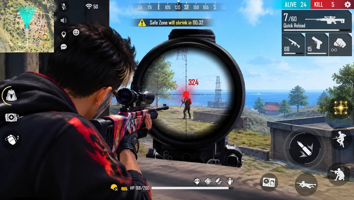 A gamer focuses on a target in Free Fire, preparing to take a headshot during gameplay.
